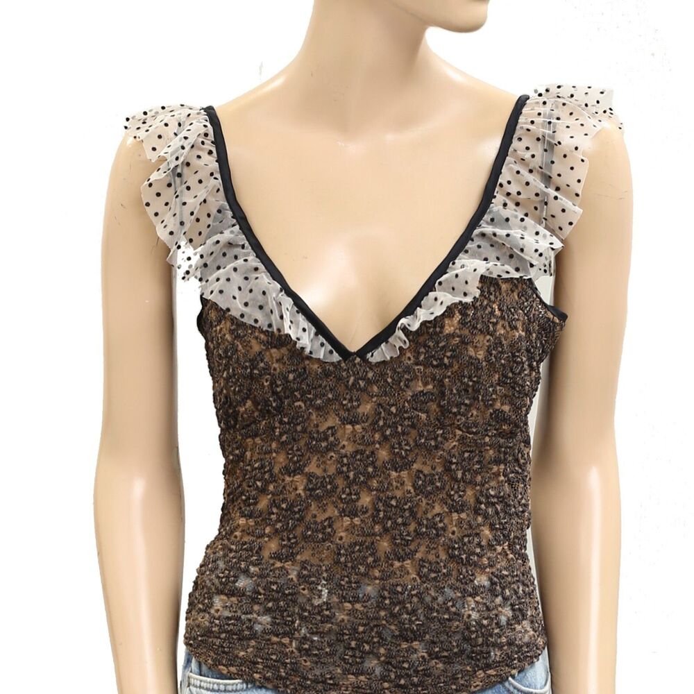 Free People Charlotte Tank Top Cropped Ruffle Mesh Sleeveless Sheer L 279043 - Picture 6 of 9